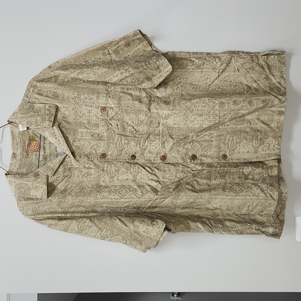 Caribbean Hawaiian Shirt Tan Brown Men's Large